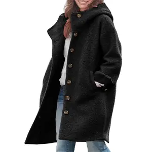 Chouyatou Women's Winter Single-Breasted Wool Coat Casual Wool Blend Hooded Long Trench Jacket