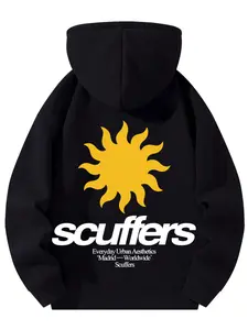 Men's Half-Zip Hoodie Vintage American Style Wool Hooded Sweatshirt, Sun Pattern and Scuffers Text, Casual Loose Fit Fall & Winter Streetwear