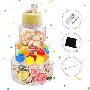 3 Piece Clear Acrylic Cake Stand with LED Lights, 6/8/10 in Round Fillable Cake Display Riser with Labels, Dessert Table Display Stand for Part Wedding Birthday