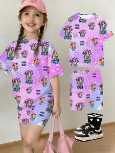 Girls Kpop Korean Style Summer Fashion Comfortable Short Sleeve + Yoga Shorts Set, Cartoon Graffiti Print Tee & Streetwear Casual, Cartoon Graphics