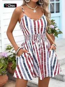 Women's Woven Striped Cami Romper, V Neck Adjustable Spaghetti Strap, Smocked Waist Tie Front, Flared Short Leg, Daily Casual Vacation Beach Back To School Summer Wear, Womenswear