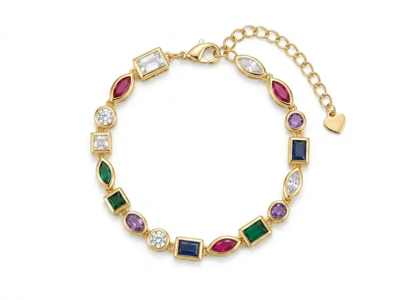 Gold-Tone Multicolor Gemstone Charm Bracelet with Adjustable Chain – Elegant Fashion Jewelry for Women