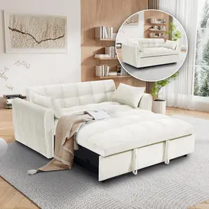 64.9" Velvet Oversized Sleeper Sofa Bed, Loveseat, 3 in 1 Convertible Sofa Sleeper Bed With Adjustable Backrest,Side Pocket, 2 Pillows,Futon Pull Out Couch for Apartment,Office, Living Room (Beige)