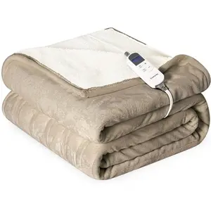 50"x60" Reversible Electric Throw Blanket Soft Flannel & Sherpa 10 Heat Settings 12 Timer 3 Hours Auto-Shut Off ETL Certified Machine Washable Light Brown