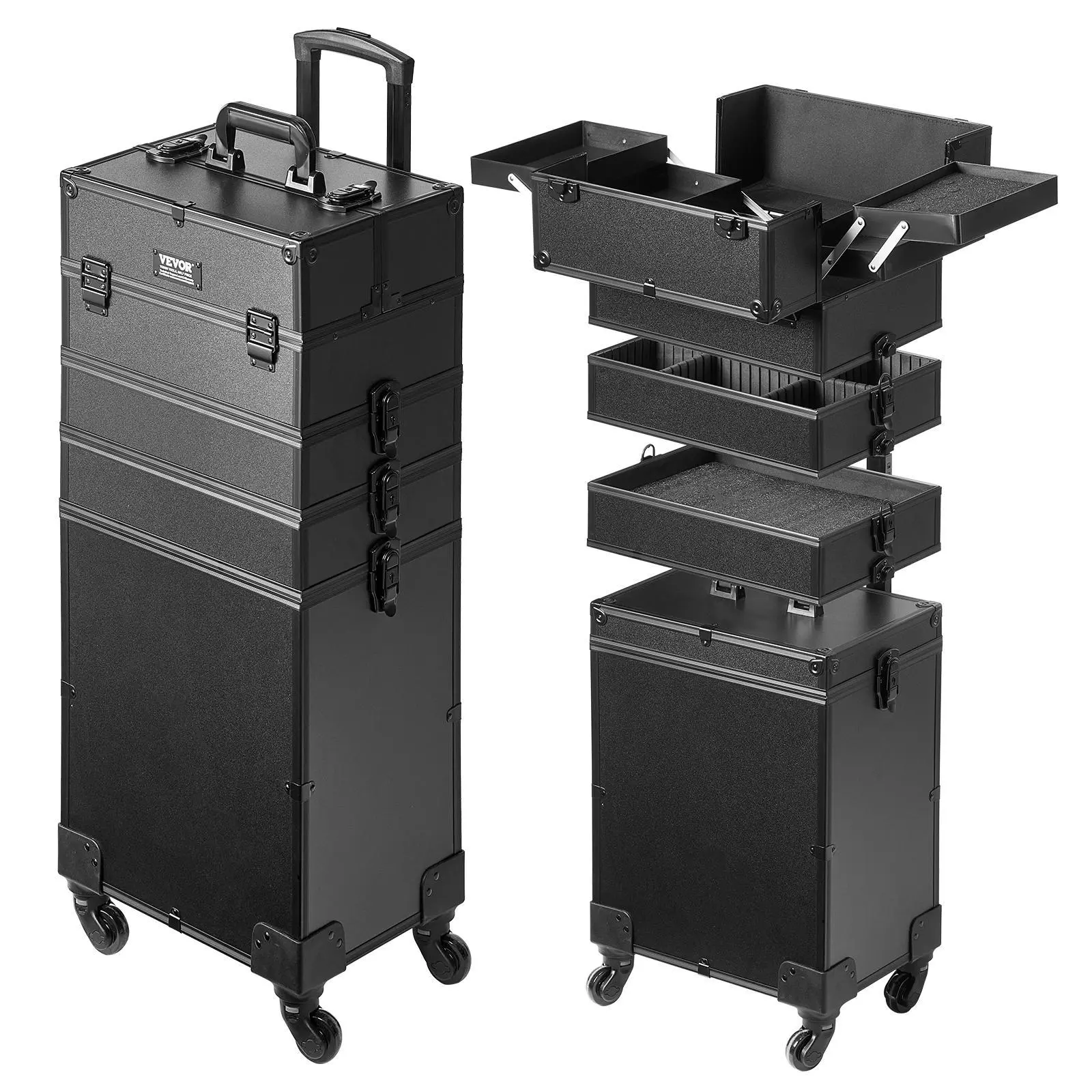 【SummerFinds】VEVOR 5 in 1 Professional Makeup Train Case Aluminum Cosmetic Case,  Rolling Makeup Case Extra Large Trolley Makeup Travel Organizer, with 360° Swivel Wheels & Adjustable Pull Rod, Black