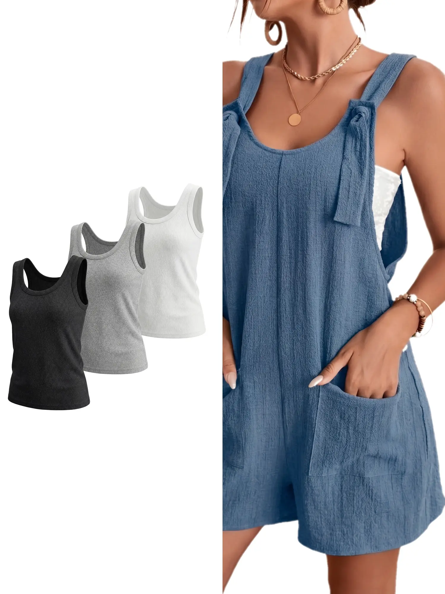 SHOWITTY 3 Pack Ribbed Tank Tops & 1 Pack Sleeveless Romper