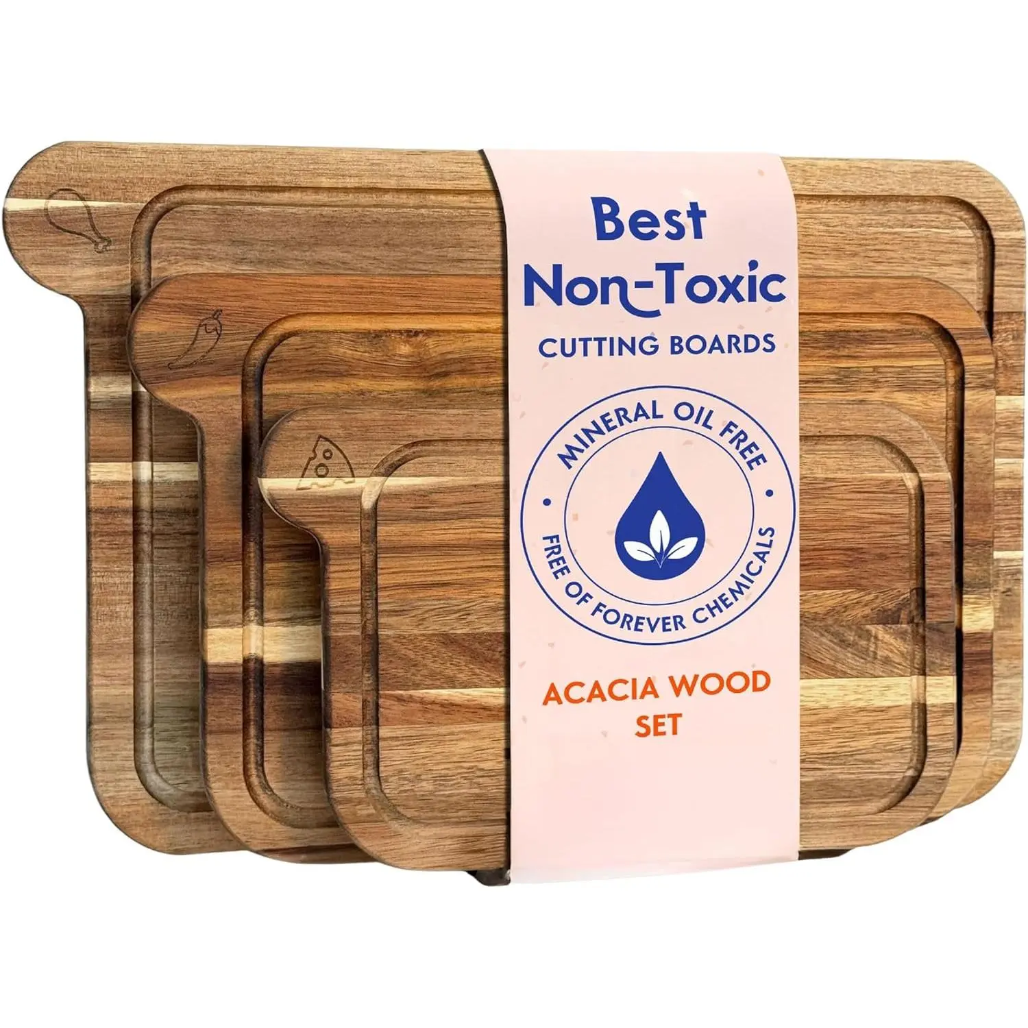 Non-Toxic Cutting Board Set | FSC Acacia Wood | Mineral Oil Free | 3 Piece Set | Eco-Friendly Kitchen Gift