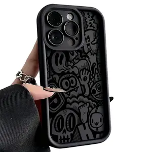 Cool Black Graffiti Pattern Phone Case for iPhone 17 Pro Max 16 Pro Max 15 14 Pro Max 13 12 11 XS Plus Shockproof Full Camera Protection Durable Slim Silicone Cover shockproof accessory protection