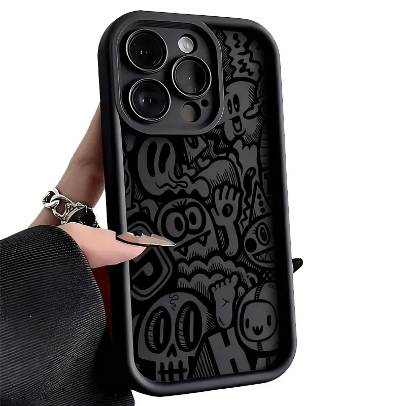Cool Black Graffiti Pattern Phone Case for iPhone 17 Pro Max 16 Pro Max 15 14 Pro Max 13 12 11 XS Plus Shockproof Full Camera Protection Durable Slim Silicone Cover shockproof accessory protection, Accessories, Smartphone