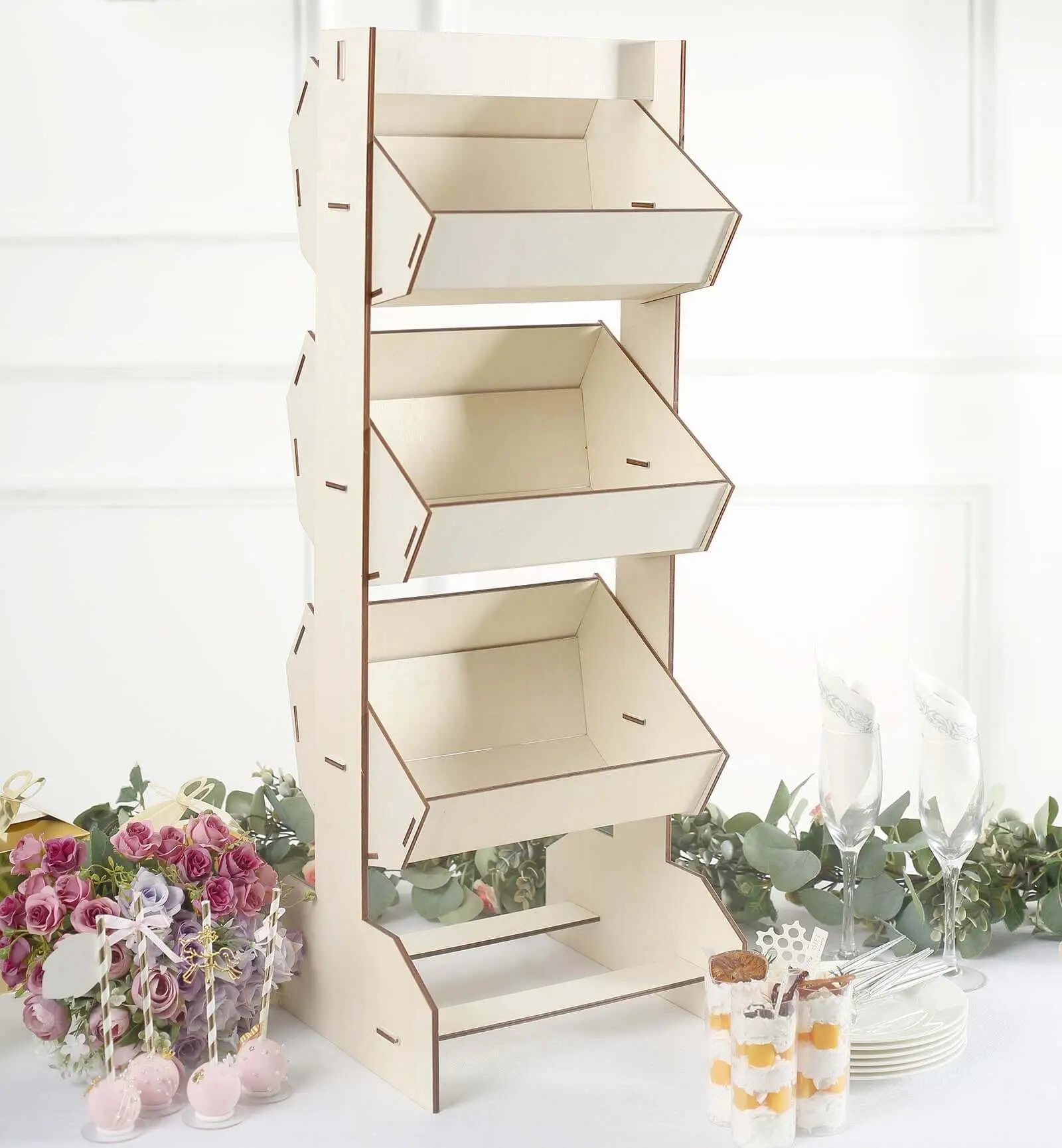 3-Tier Wooden Organiser Rack with Baskets - Floor-Standing Natural Rustic Design, 33" Tabletop Cupcake Dessert Shelf Holder for Weddings, Wedding