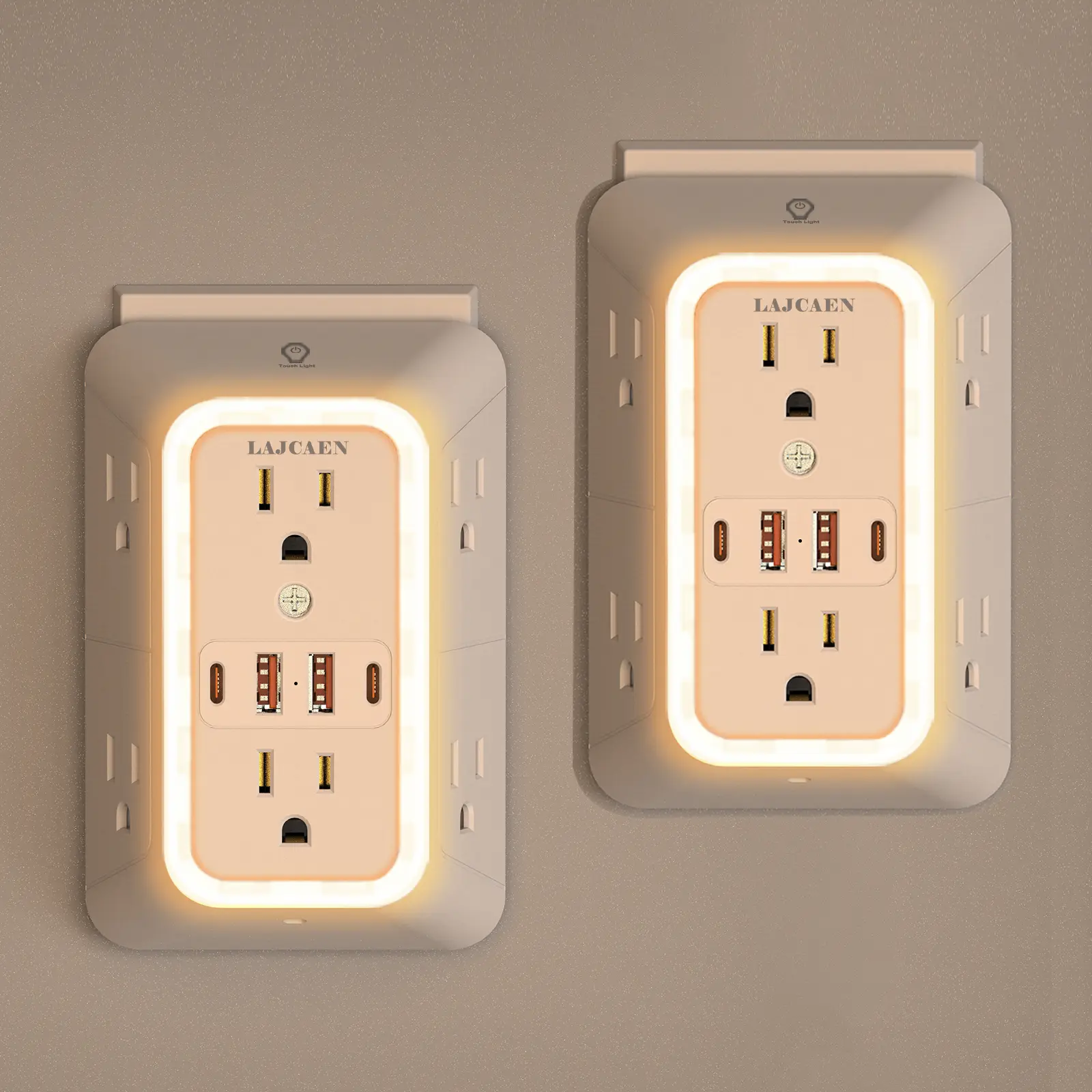 2-Pack 10in 1 USB Wall Charger with Auto Sensor Night Light, Compact Power Strip Surge Protector with 6 AC Outlets & 4 USB Ports (2A+2C), 3Touch-Controlled Brightness Levels, 3-Sided Wide-Space Design for Home Office College Dorm