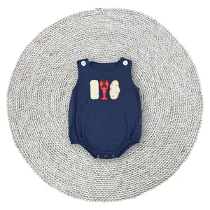 Baby Boys Navy Cotton Fabric Crawfish Potato Embroidery Summer Boutique Sleeveless Buttons Bubble Rompers