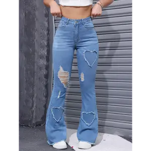 Stylish heart embroidered flare leg stretchy jeans-ripped raw hem, soft denim fabric, comfortable fit, women's fashion denim pants & Clothing