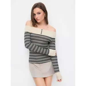 Cider Womenswear Off-Shoulder Striped Long-Sleeve Knit Top