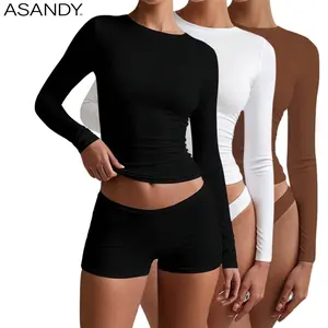 ASANDY 3-Pack Women's Crew Neck Long Sleeve Tops 4-Way Stretch Double Layer Slim Fit Basic Tees Versatile Style Perfect For Daily Layering Workout & Casual Looks