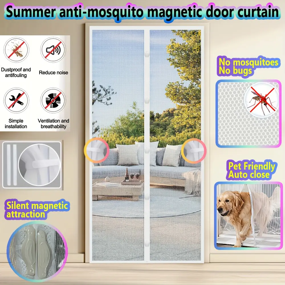 Self closing design, touchless mesh, pet friendly, easy to install | Magnetic screen door | Insect proof design | Suitable for bedrooms, kitchens, living rooms, dining rooms, and balconies | Magnetic Closure Door