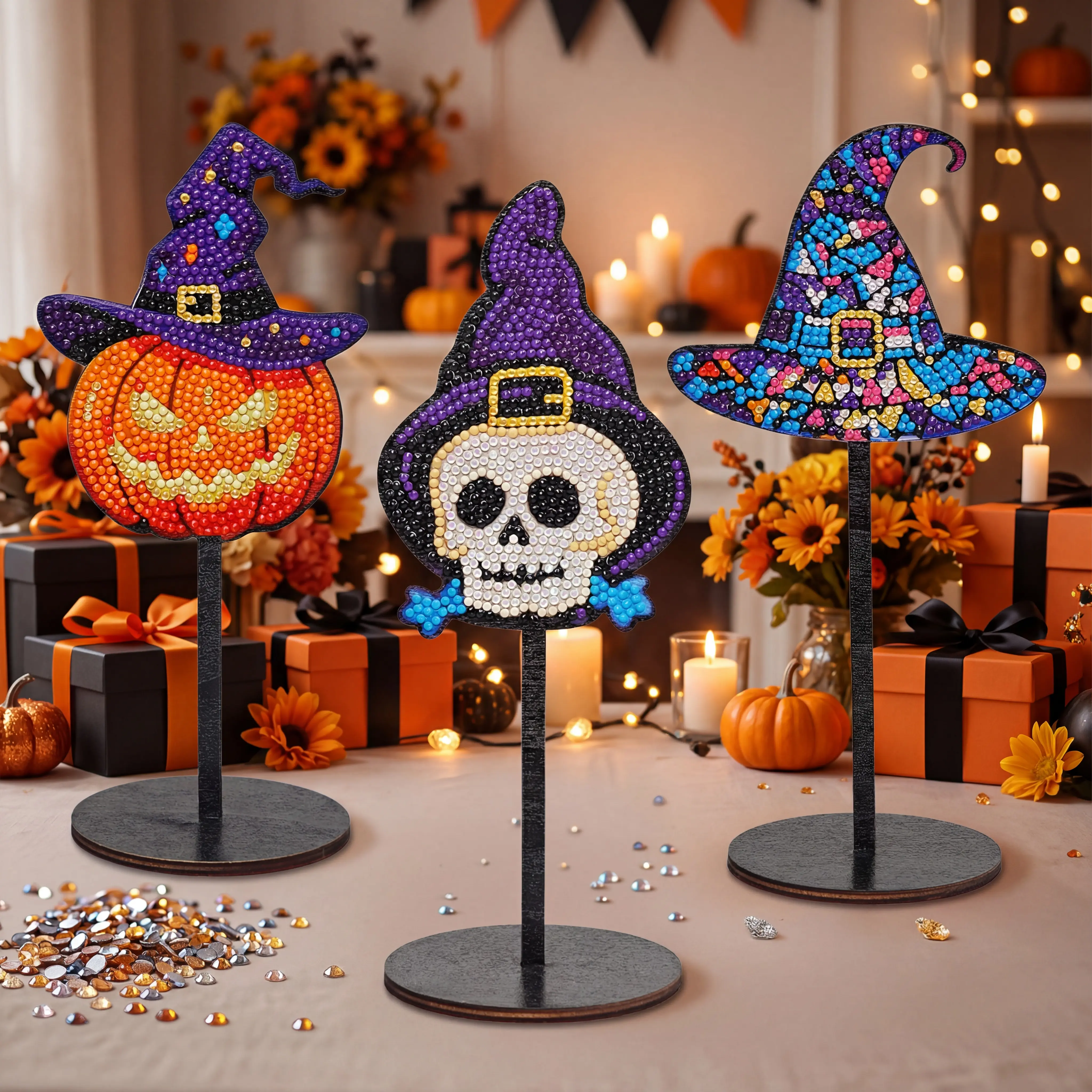 3Pcs Vibrant Halloween Vibe Diamond Art Tabletop Decor, Fall Sparkly Rhinestone Wooden Diamond Painting kits, DIY Sparkle Rhinestone Pumpkin Cat Ghost Decor Gifts to Boost Halloween Atmosphere,Home Halloween Decorations