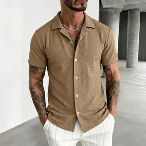 One piece polyester men’s short-sleeve cardigan shirt with a waffle texture and Cuban collar, casual textured top