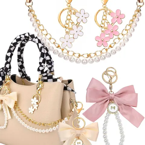 3pcs/Set Metal Bag Charms, Charms for bags, Purse Accessories, & Keychains Set-Double Layer Faux Pearl Bead & Chain Purse Charms, Ribbon Bow Beaded Keychain, Decorative Bag Chain Handbag Decoration Purse Bag Extender Chain