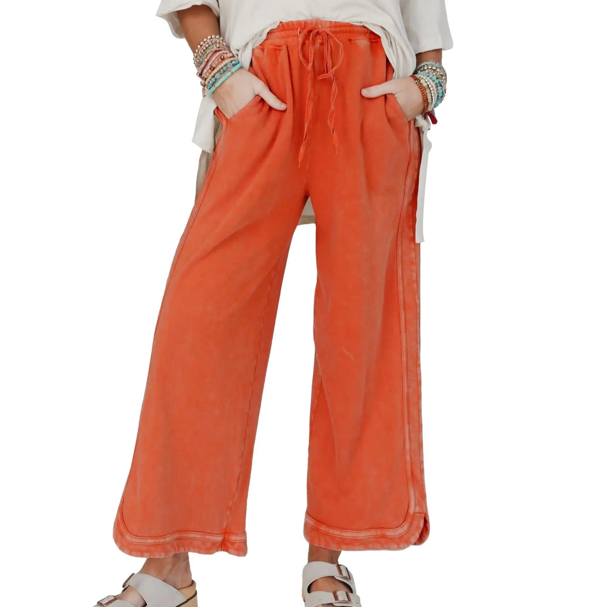 Songling Women's High-Rise Drawstring Waist Loose Wideleg Palazzo Pants - Cotton Blend, Orangered, Pockets, Basic Minimalist Casual Chic - Women's Clothes, Activewear with Pockets, Casual Chic Trousers, Lady, Side Pockets, Split Legs