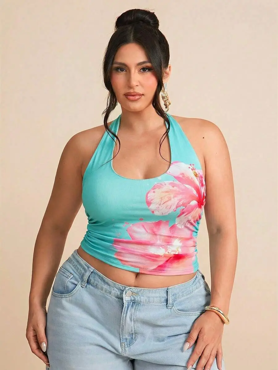 XLAIS Plus Size Ladies Summer Halter Neck Floral Tops/Summer Tops/Music Festival/Beach Vacation Tops,Black Top