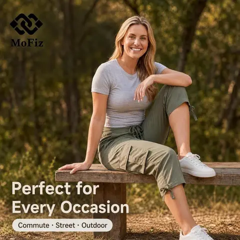 MoFiz Women's Cargo Capris - Basic Bottom, Lightweight, Quick Dry, Cool & Breathable, Loose Comfy Activewear Pants with 5.5" Phone Pocket, Casual Fashion Pants for Hiking, Camping