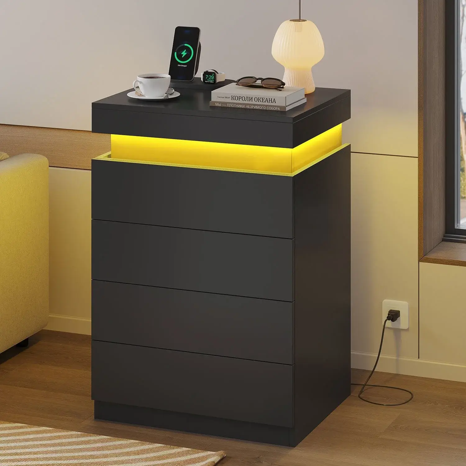 Sikaic Nightstand with Sliding Top and 4 Drawers, Black Bedroom Nightstand with Hidden Storage