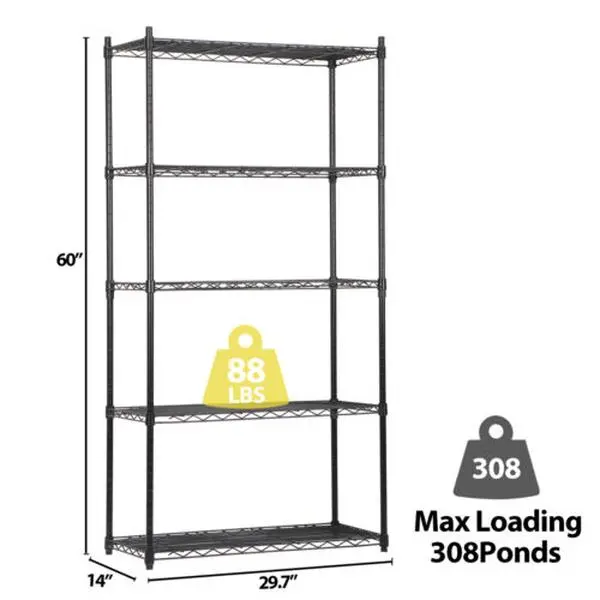 JupiterForce Adjustable 5-Layer Baked Enamel Carbon Steel Wire Storage Rack Shelf - Rust-Resistant Home Organizer, 29.7(l)x14"(w)x60"(h), 88 lbs per Layer Capacity for Space-Saving Displaying (Black)