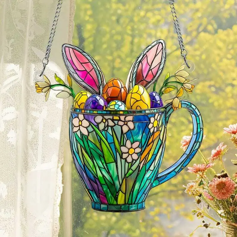 Easter Bunny Acrylic Window Hanging, Happy Easter Decoration, 2D Flat Acrylic Flower Bunny, Mica Flowers, Unique Easter Gift, Easter Decor
