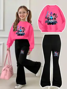 Girls' Kpop Demon Hunter Sweater & Bell Bottoms Set, Sweet Cool, Cute Clothing Set, Casual Fitted, Breathable Comfort, All Seasons