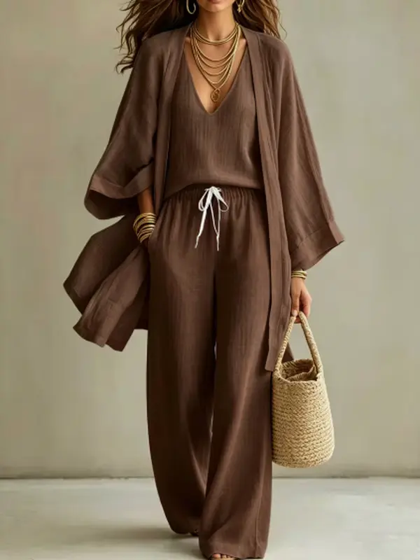European and American summer loose-fitting cotton-linen mid-length three-quarter-sleeve cardigan, sleeveless vest, long pants, and casual three-piece set for women