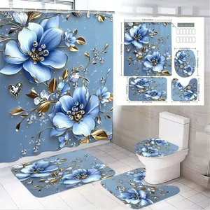 1/4pcs Elegant Blue Floral Bathroom Set - Shower Curtain with Golden Leaves & Gemstone Accents, Toilet Seat Cover, 2 Floor Mats - Perfect for Mother's Day, Valentine's Day & Spring Decor