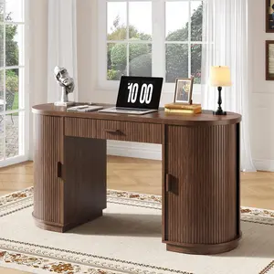 【SummerVibes】ONBRILL 58 Inch Fluted Executive Desk with Drawers, Large Computer Desk with Charging Station, Mid Century Modern Desk for Home Office, Living Room Furniture, Bedroom Funiture