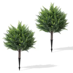 27" Artificial Cypress Topiary Trees - Set of 2 Faux Cedar Shrubs with Ground Spikes UV Resistant Evergreen Plants for Indoor Outdoor Decor Porch Garden Patio Decoration