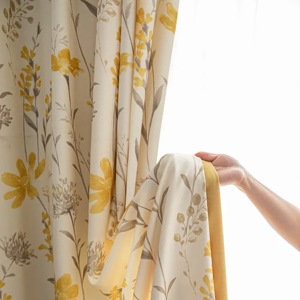 Yellow Floral Curtain for Living Room Boho Chenille Patterned Grey Leaf 84 Inches Long 2 Panels Light Filtering Window Drapes for Bedroom Dining Sunflower