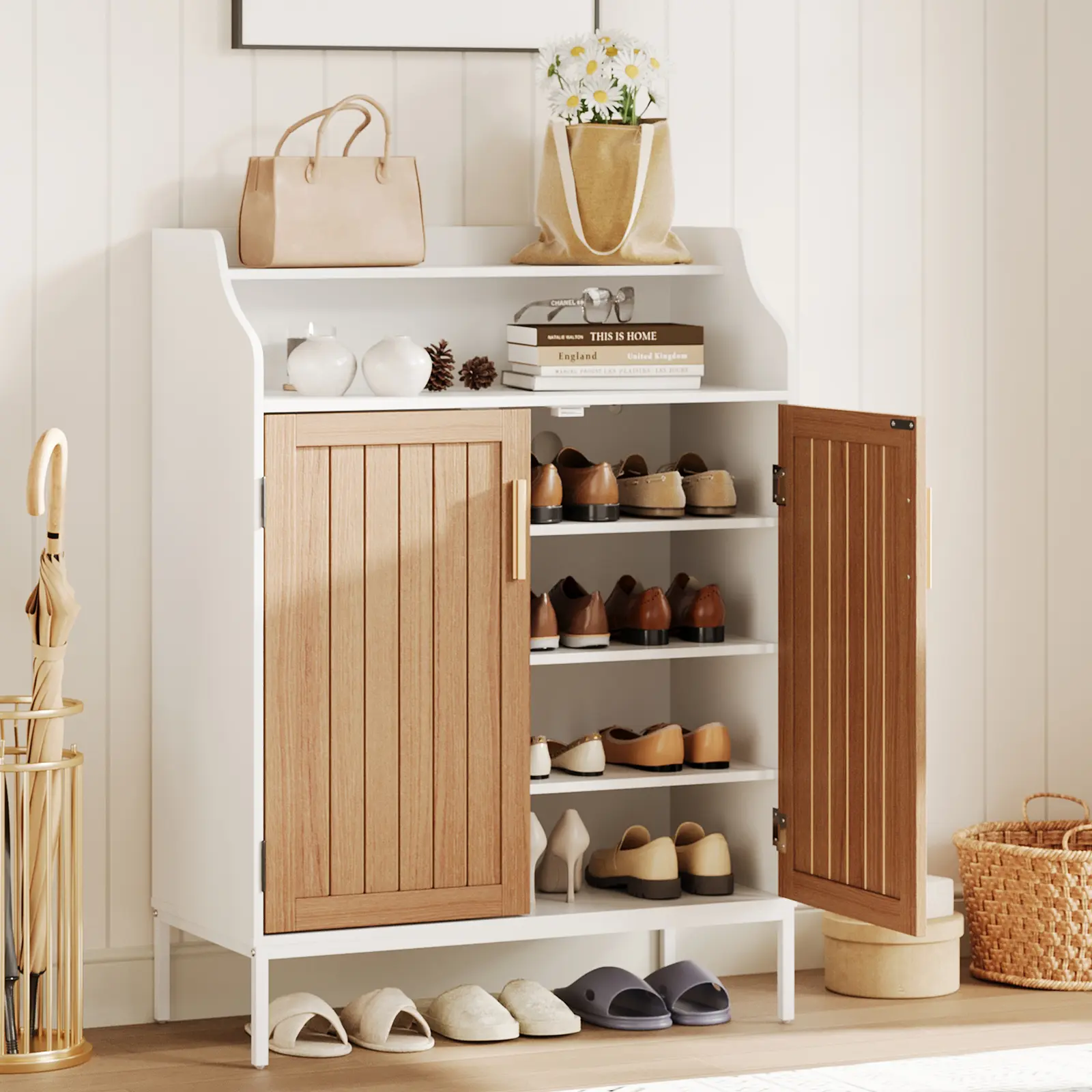 5-Tier Wood Shoe Storage Cabinet with Doors, 41 Inch Tall Entryway Shoe Organizer Featuring 3 Adjustable Shelves, Modern Closed Shoe Rack Cabinet with Metal Legs for Entryway Hallway Closet Living Room