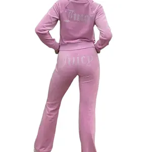 Women's Rhinestone Letter Long Sleeve Hooded Velvet Top and Pant Set - Solid Color - Womenswear