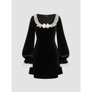 Cider Women's Casual Velvet Scoop Neck Lace Bowknot Mini Dress - Size 0-10, Fashion Womenswear Statement Clothes, Casual Wear SwimWeek