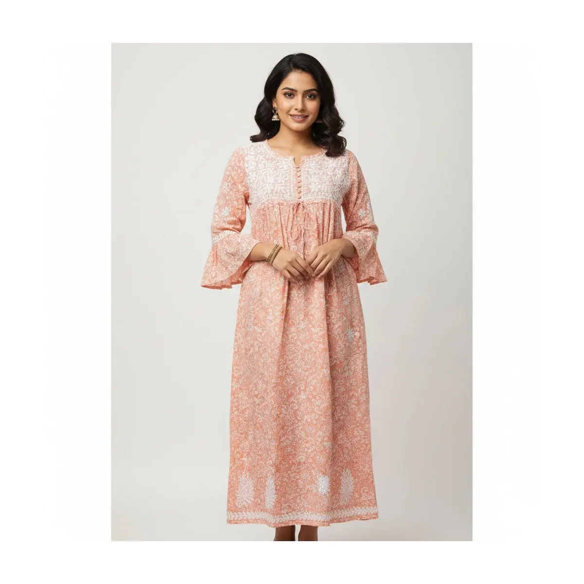 Floral Cotton Kurti Dress/Top-9 Orange/Peach with Embroidered Yoke & Bell Sleeves