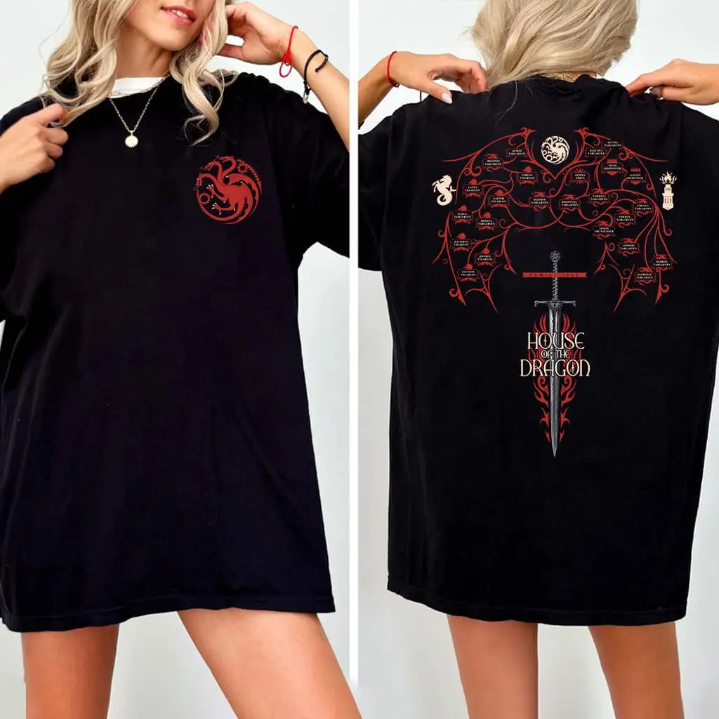 Women's Graphic T-Shirt, Baggy Cotton Short Sleeve House of the Dragon Top with Ribbed Collar, Targaryen Tree, and Sword Back Print, Sleeves, Casual, Fabric, Unisex, Tshirt, Round Neck, 3Xl, 4Xl Available, Fit, Loose, Oversized Tee