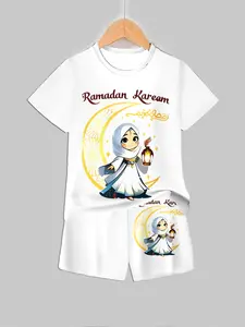 Kids White "Ramadan Kareem" Cartoon Muslim Girl Moon Star Lantern Print Casual Set, Short Sleeve T-Shirt and Shorts Two-Piece