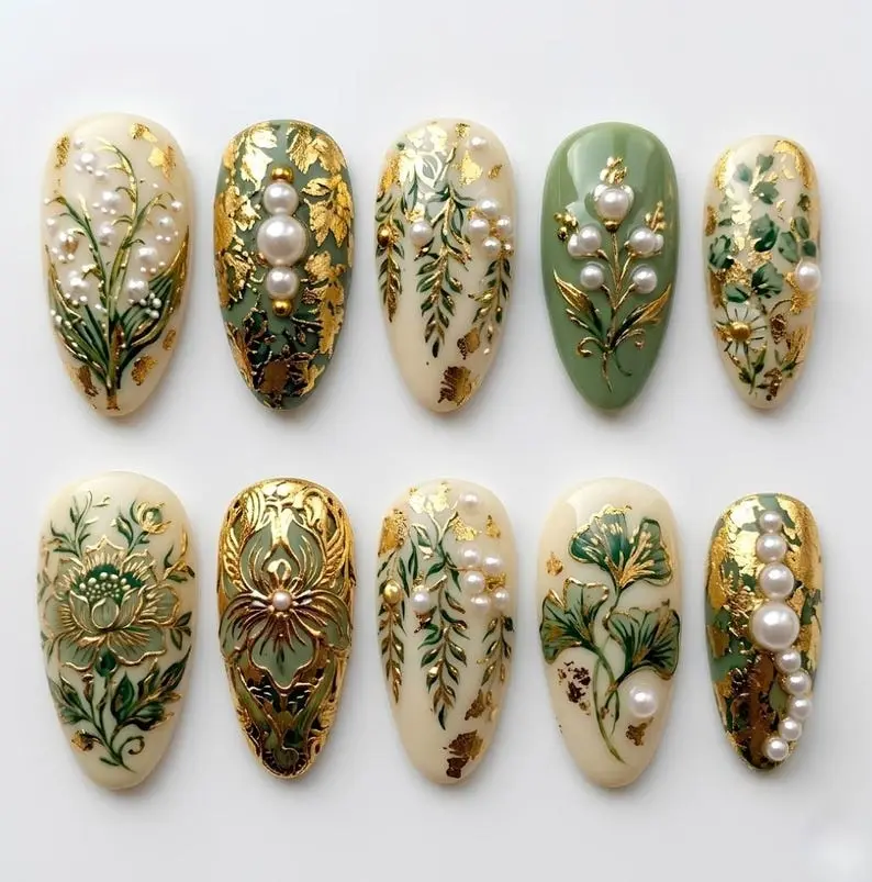 Gilded Art Nouveau Press On Nails Luxury 3D Lily Of The Valley And Pearl Art Vintage Sage Green Botanical