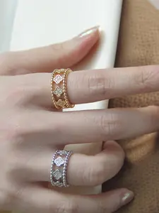 Lucky Four-Leaf Clover Rings for Women, Stackable Cuff Design Flower Rings with Synthetic Gemstone, Perfect Gift for Party & Birthday