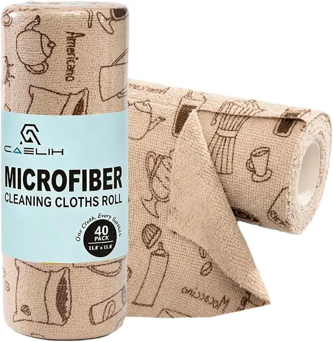 Microfiber Cleaning Cloth Roll -40 Pack, 11.8" x 11.8" (Brown Coffe) Easy tear-off Reusable Alternative to Paper Towel, Super Absorbent, Lint-free Microfiber Towel Roll, for All-Purpose Cleaning