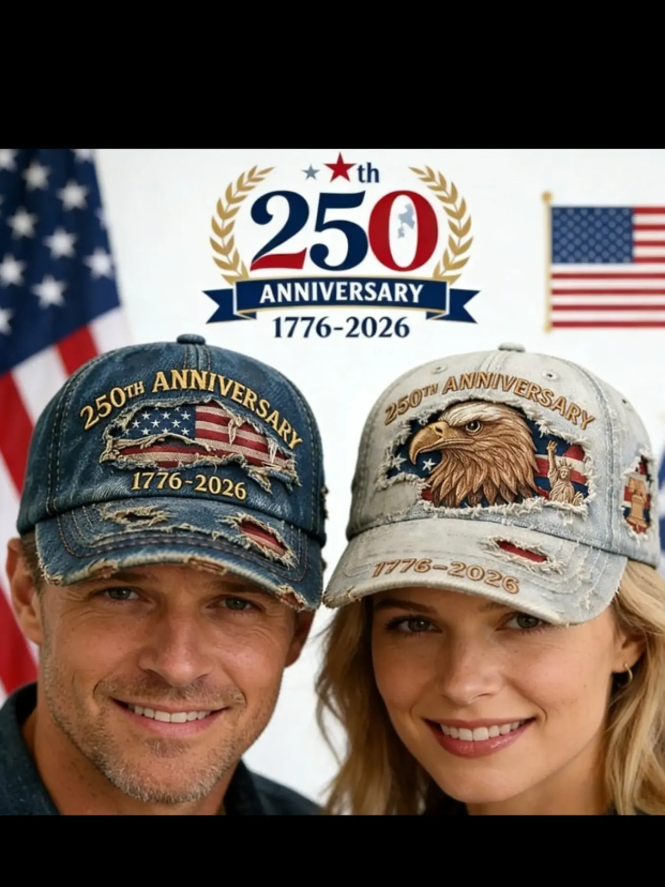 American 250th Anniversary Baseball Cap, Vintage Wash Patriotic Theme Upf Sun Protection Hat, Eagle Embroidery, Denim Ripped Design, Unisex Independence Day Celebration Hat