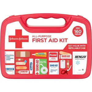 BAND-AID Organized Refillable 160-Piece Compact Emergency Set - Portable Emergency Equipment with Bandages, Pain Relief Cream, Gauze Pads for Burns, Home Use