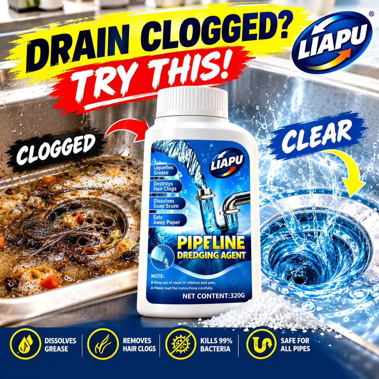 Liapu 320g Powder Drain Opener, Powerful Pipe Unblocking Solution, Fast-Acting Deodorizer, Hair & Grease Dissolver, Eliminates 99% of Odor-Causing Bacteria, Safe for Most Household Pipes, 24-Month Shelf Life, Powder Drain Openers,home decor