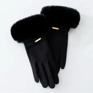 Women's Winter Gloves with Faux Fur Cuff - Touchscreen Compatible Fleece Lined Warm Mittens