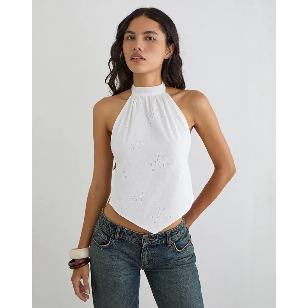 MOTEL Sedona Halterneck Top in Broderie White