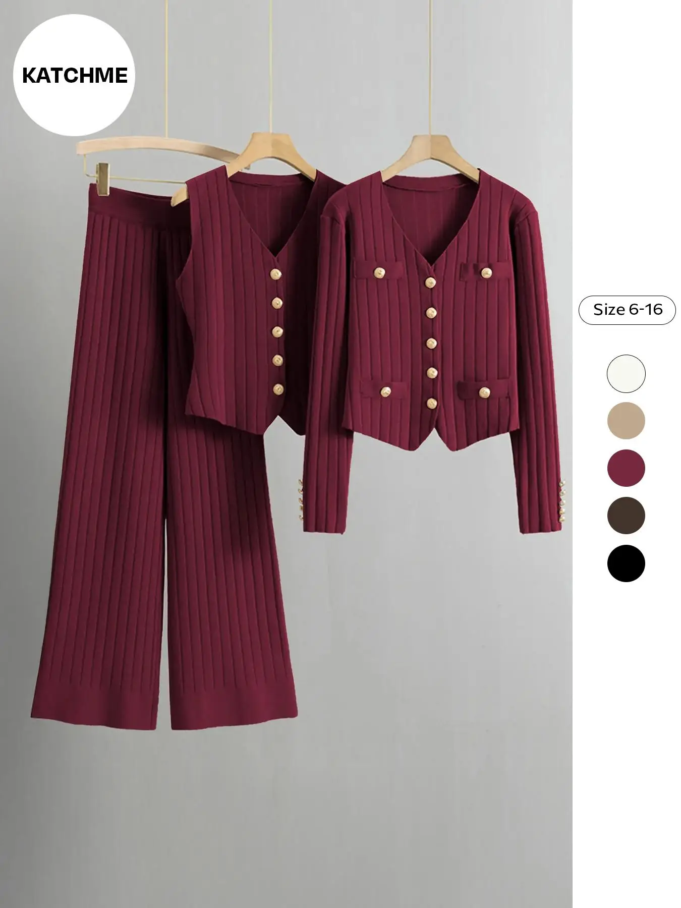 Lady Elegant Knit V-Neck Gold-Toned Button Vest & Wide Leg Trousers With Long Sleeve Cardigan Three-Piece Sets, Formal Casual Womenswear